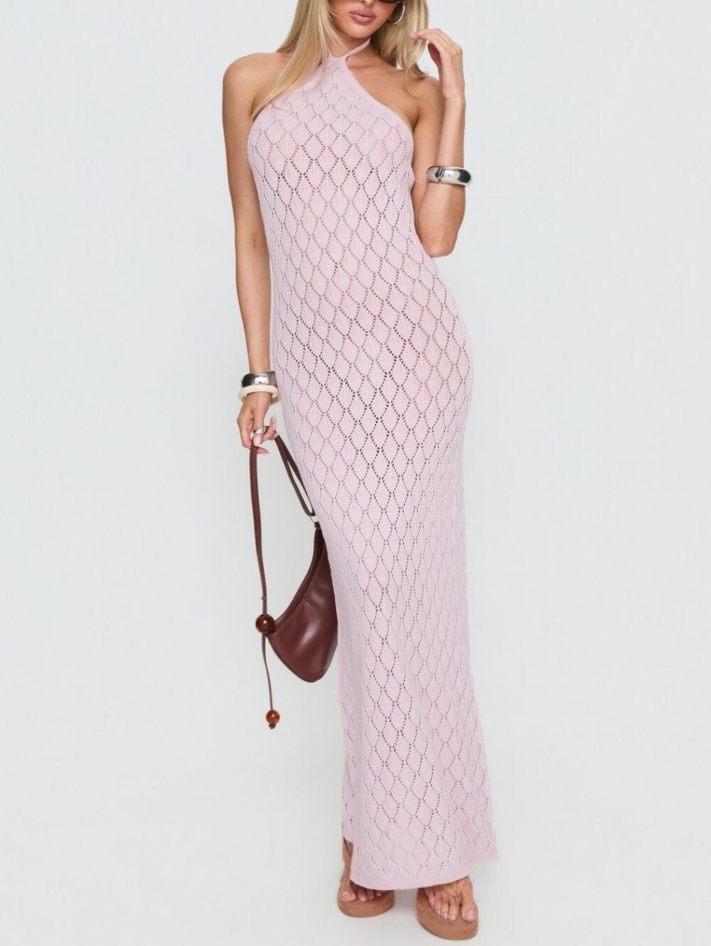 NWT Princess Polly Jorda Halter Crochet Maxi Dress Pink Size Small